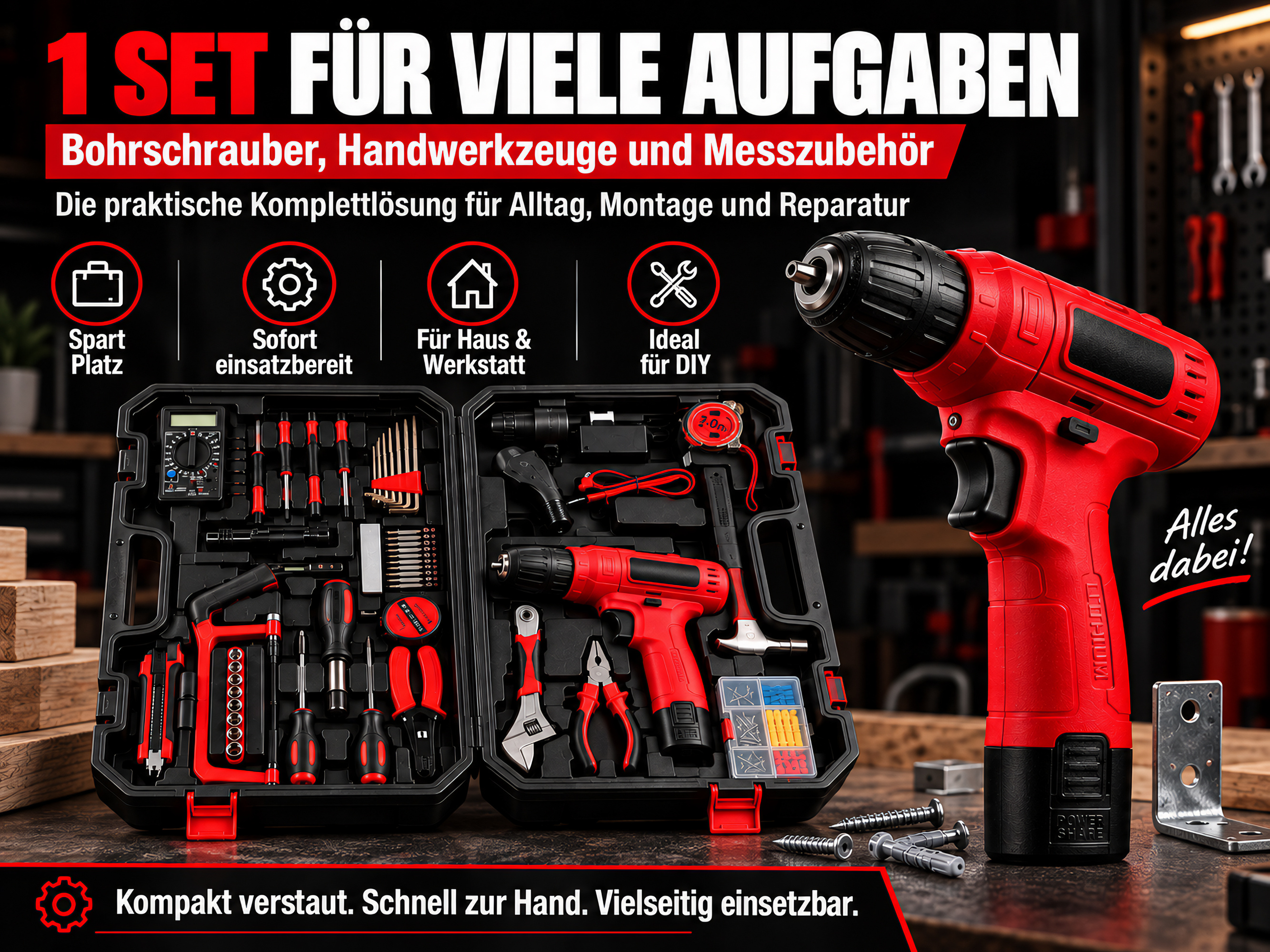 Ein roter Akkubohrschrauber und ein offener Werkzeugkoffer mit Handwerkzeugen auf einer Werkbank.