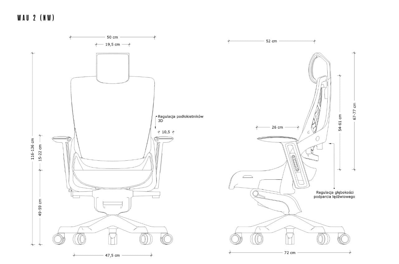 Rysunek techniczny krzesła ergonomicznego z wymiarami z przodu i z boku.