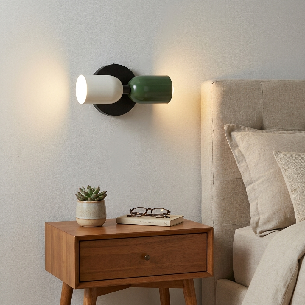 Una mesita de noche de madera con una suculenta, gafas y un libro junto a un aplique iluminado y una cama.