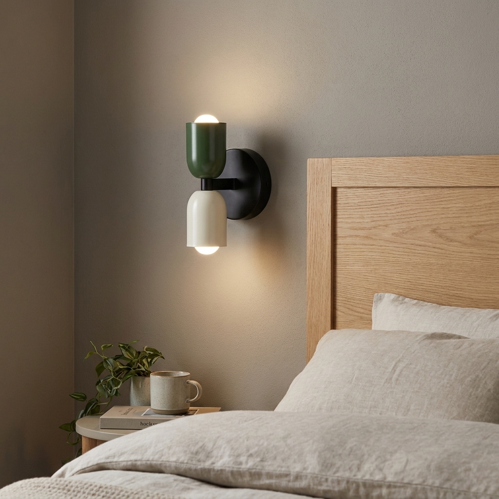 Una moderna lámpara de pared bicolor sobre una mesita de noche con una planta y una taza, junto a una cama de madera.