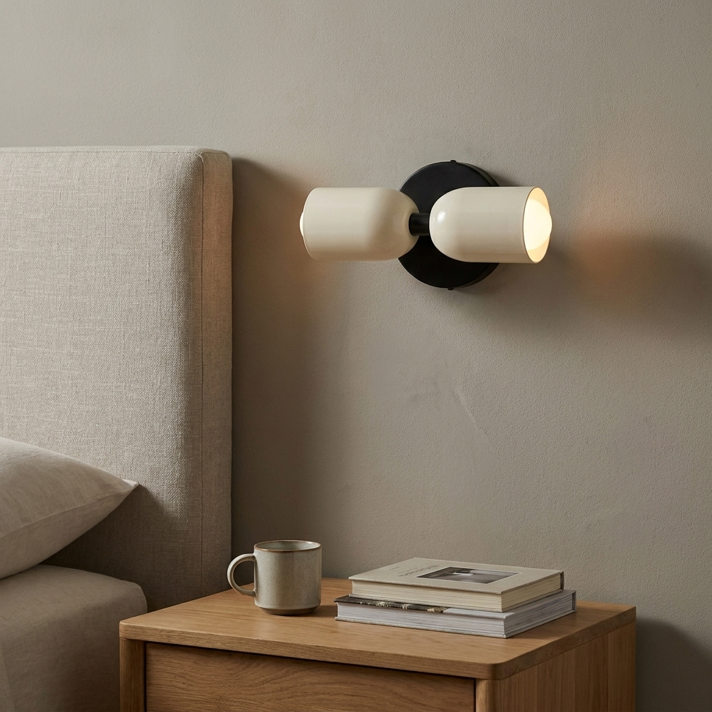 Un cabecero beige, una mesita de noche de madera con taza y libros, y un aplique moderno de dos tubos.