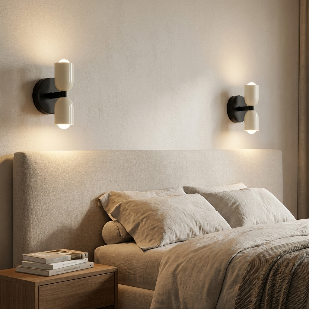 Un dormitorio minimalista con cama tapizada en beige, dos apliques de pared modernos y una mesita de noche con libros.