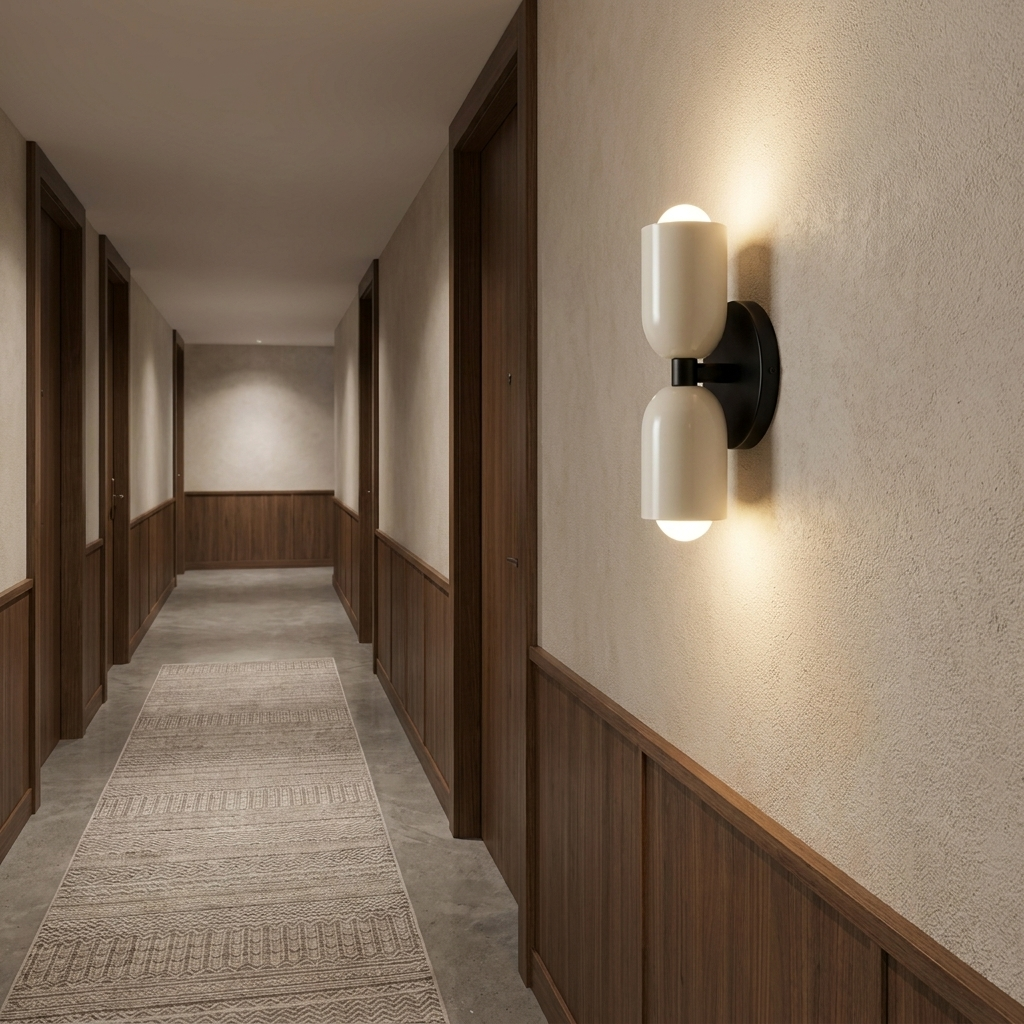 Aplique de pared beige de doble luz en un pasillo de hotel con puertas de madera.