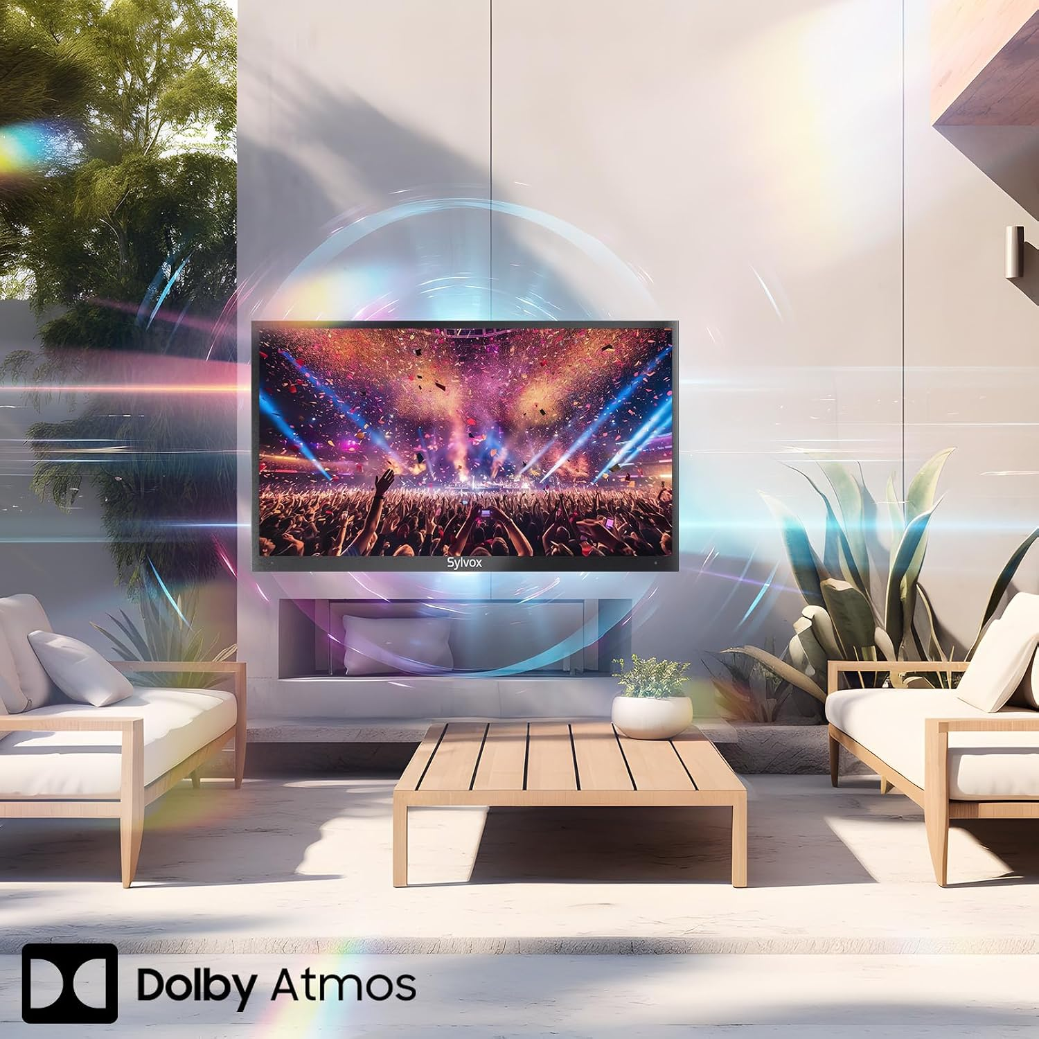 Un televisor de exterior muestra un concierto, rodeado de ondas de sonido Dolby Atmos y muebles elegantes.