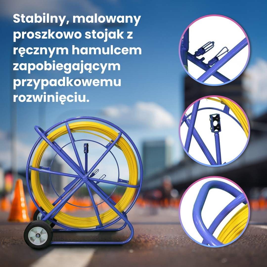 Stabilny niebieski stojak z żółtym kablem i trzema zbliżeniami na rozmytym tle.