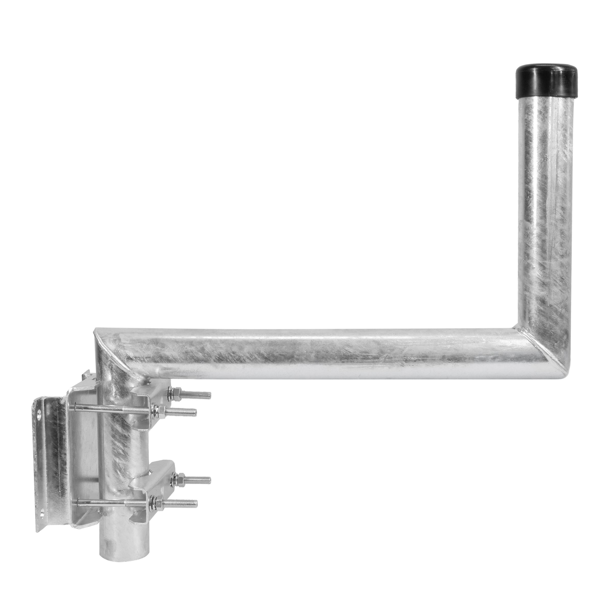 Ein silberner Metallarm mit Wandhalterung und schwarzer Endkappe.