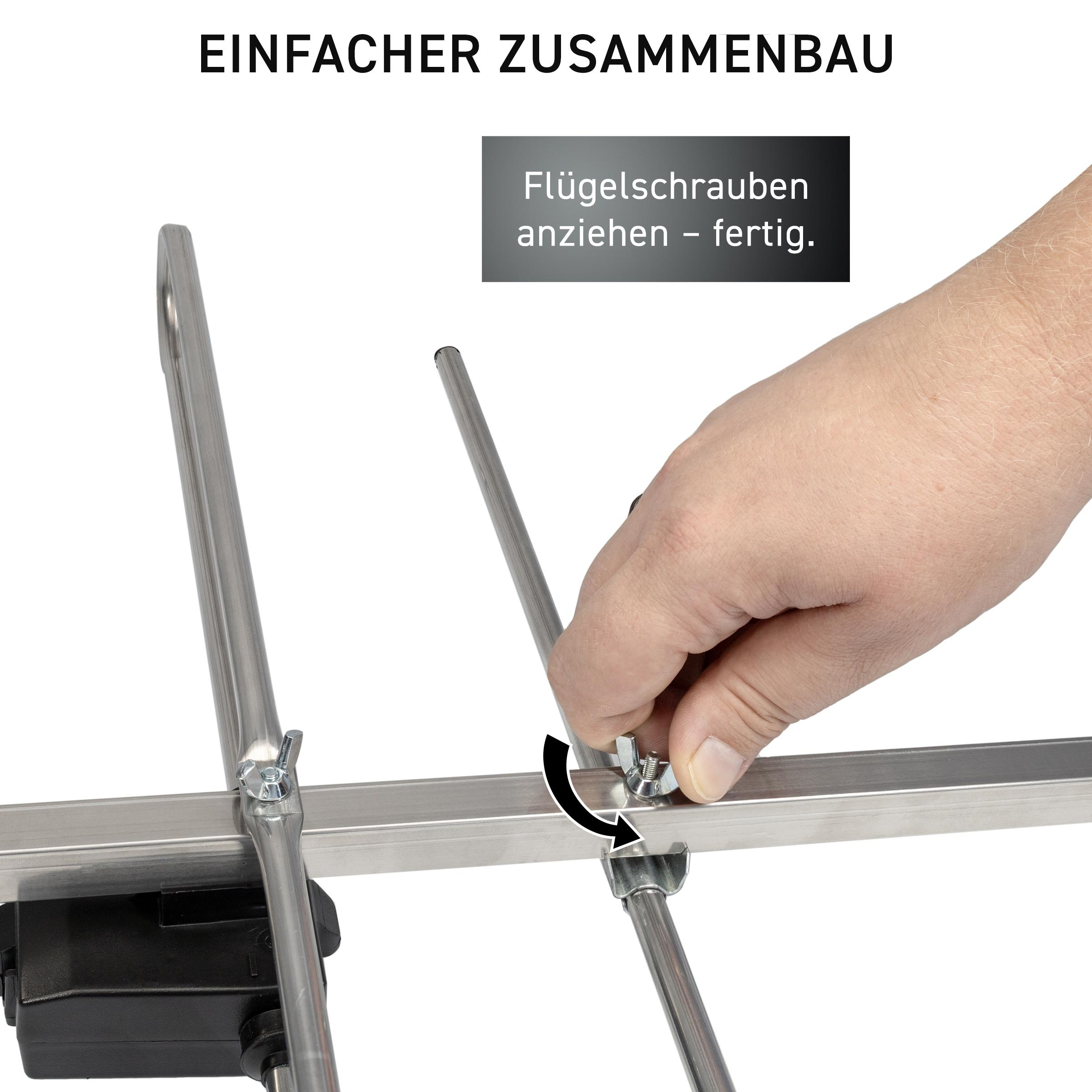 Hand zieht eine Flügelschraube an einem Metallgestell an, mit Text: Einfacher Zusammenbau.