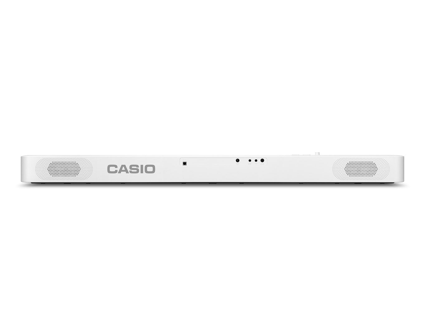 Ein weißes Casio-Keyboard von vorne, mit integrierten Lautsprechern und Logo.