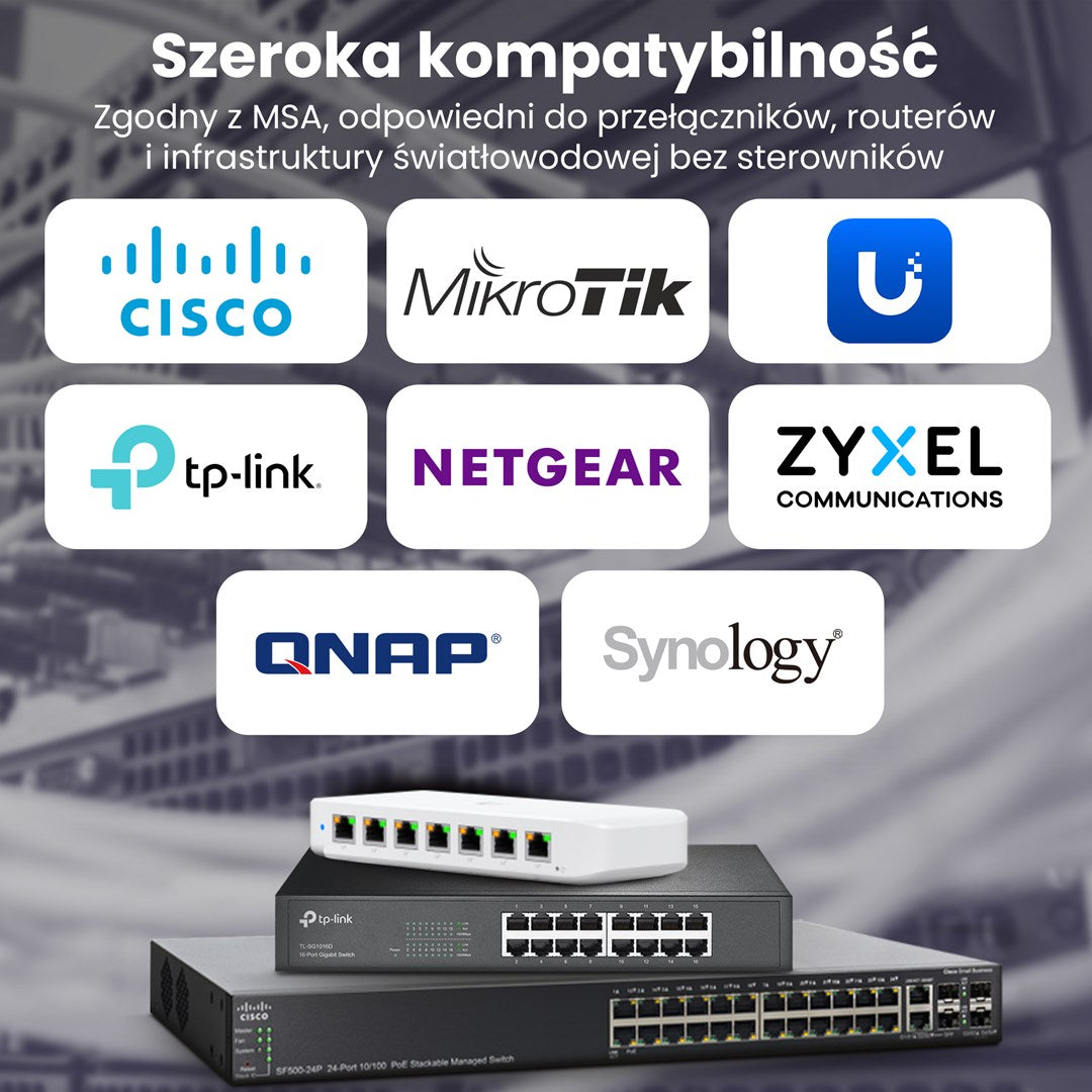 Tabela kompatibilitas przełączników sieciowych z logo Cisco, MikroTik, Ubiquiti, TP-Link, Netgear, Zyxel, QNAP i Synology.