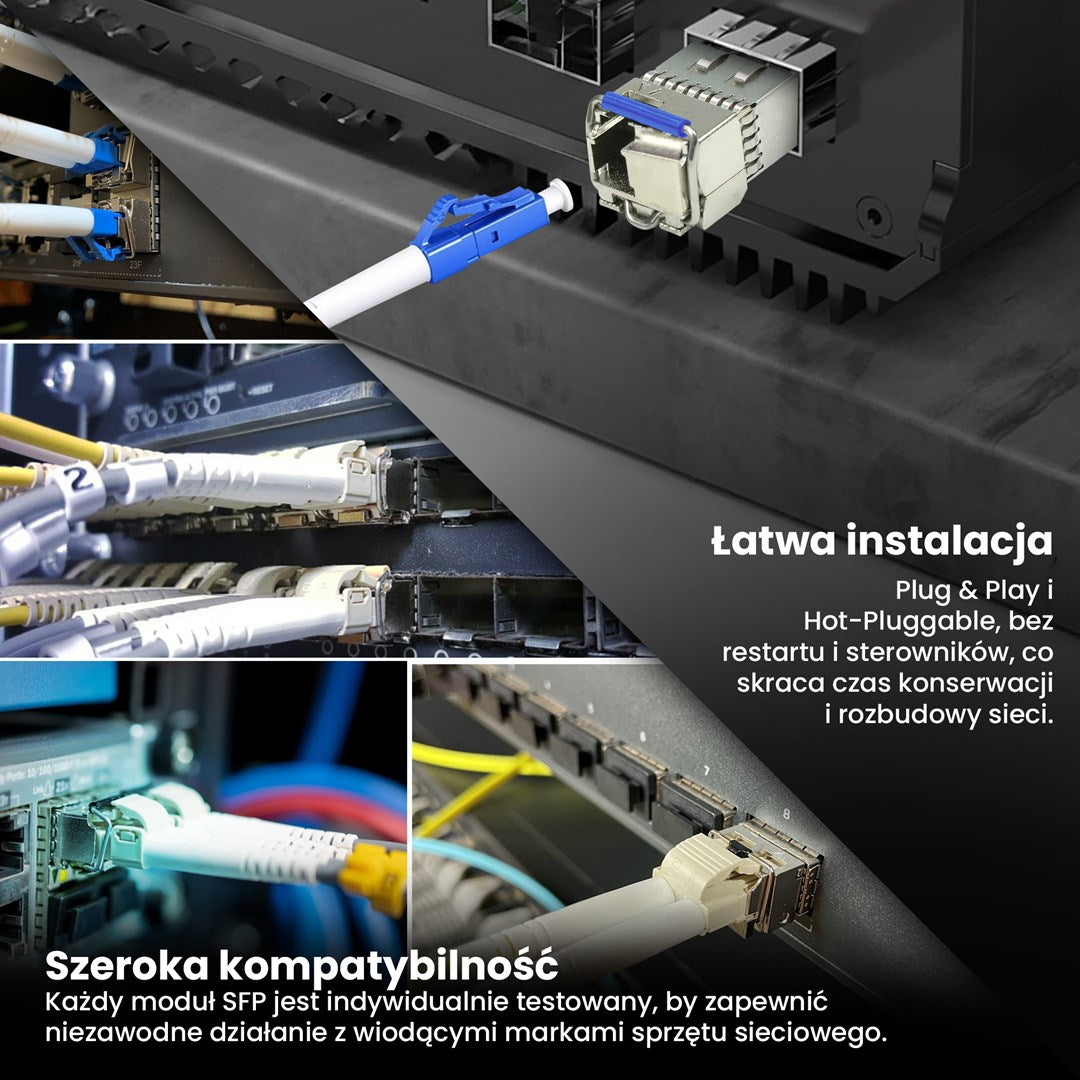 Urządzenia sieciowe z modułami SFP i kablami światłowodowymi, pokazujące łatwą instalację.