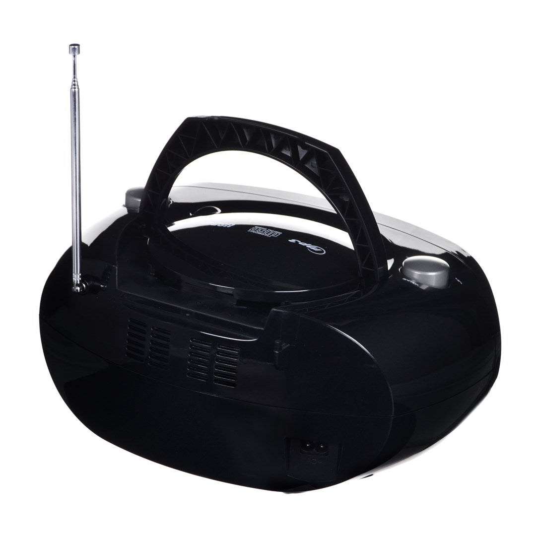 Un lettore CD e radio portatile nero con antenna estensibile e maniglia su sfondo bianco.