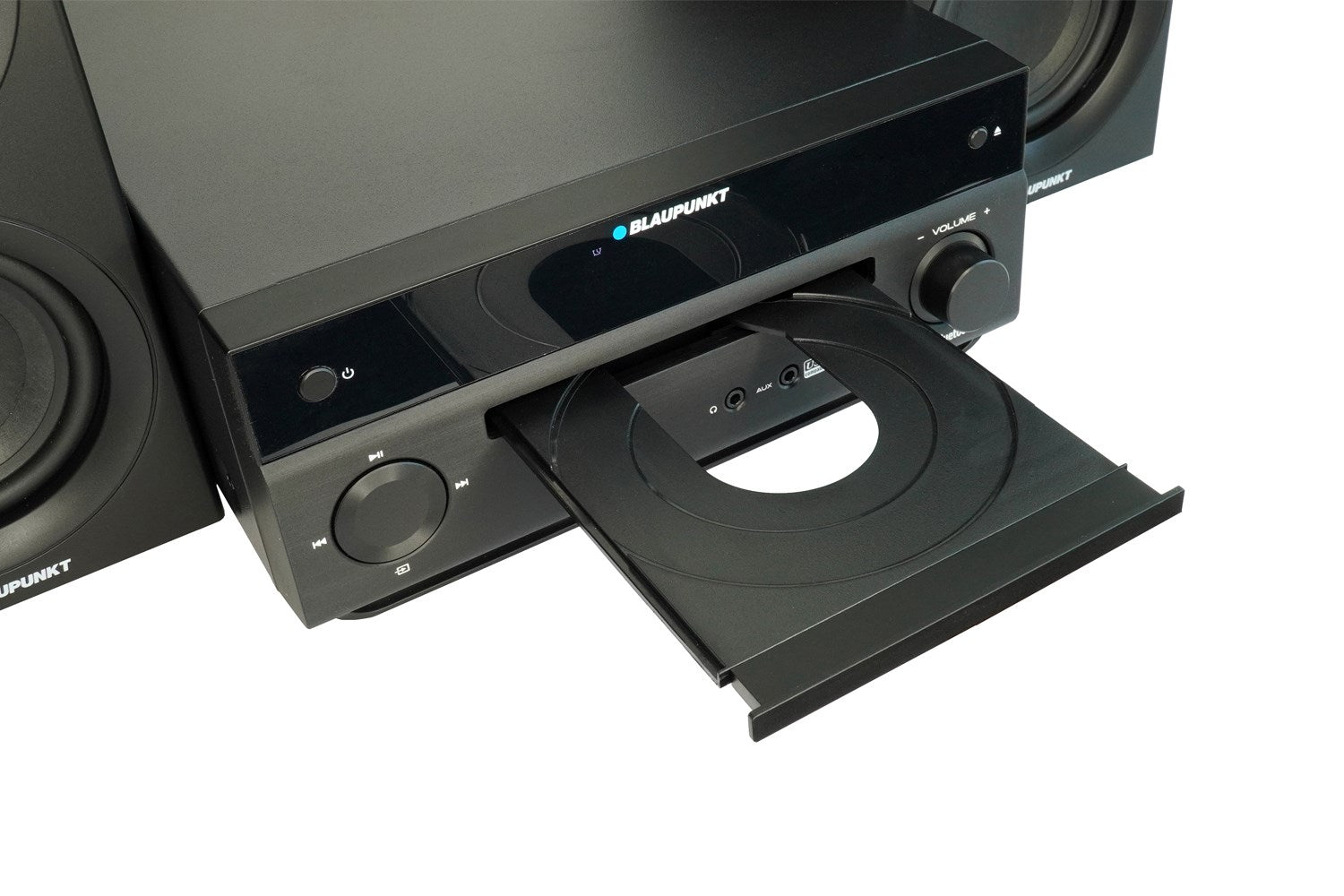 Lettore CD Blaupunkt nero con vassoio CD aperto su sfondo bianco.