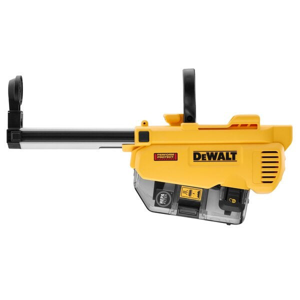 Extractor de polvo DeWalt amarillo y negro con depósito transparente sobre fondo blanco.
