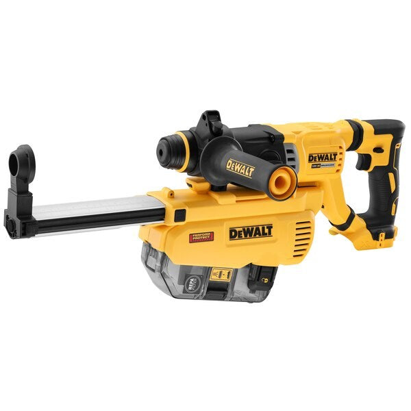 Martillo perforador inalÃ¡mbrico DeWalt amarillo y negro con sistema de extracciÃ³n de polvo integrado.