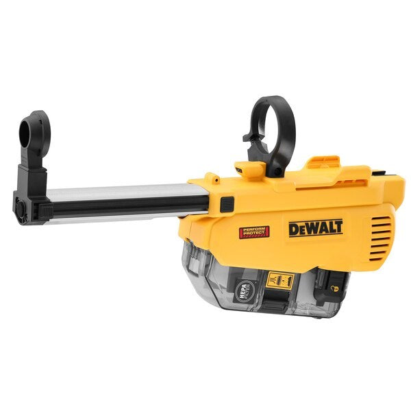 Accesorio extractor de polvo DeWalt amarillo y negro con depósito transparente.