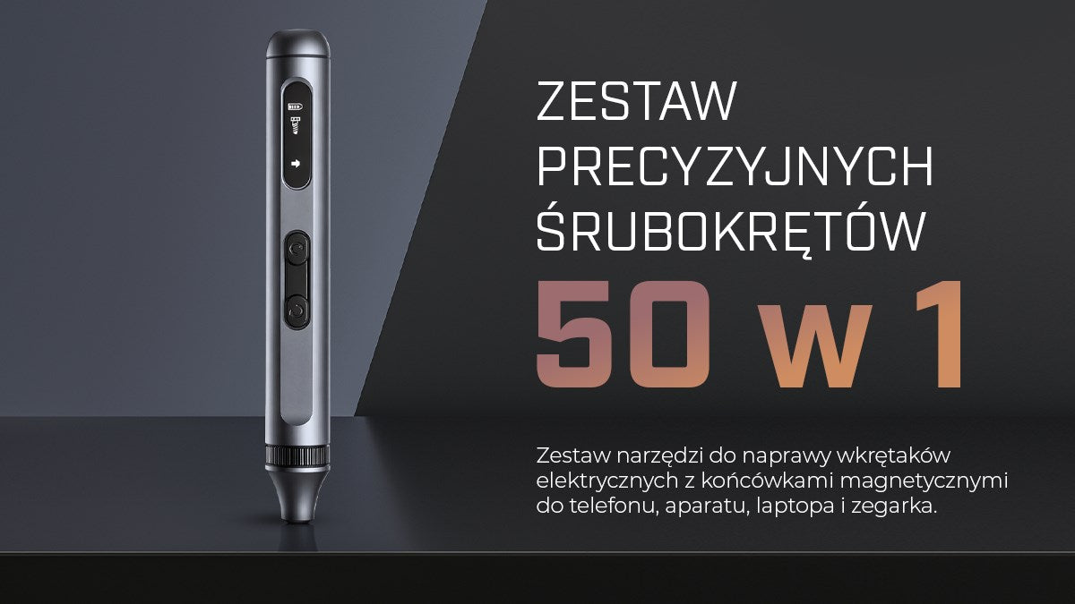 Szary precyzyjny wkrętak elektryczny na czarnym tle z polskim napisem reklamującym zestaw 50 w 1.