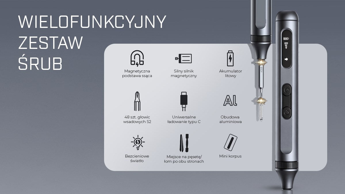 Infografika przedstawiająca cechy wkrętaka elektrycznego z ikonami i narzędziem.