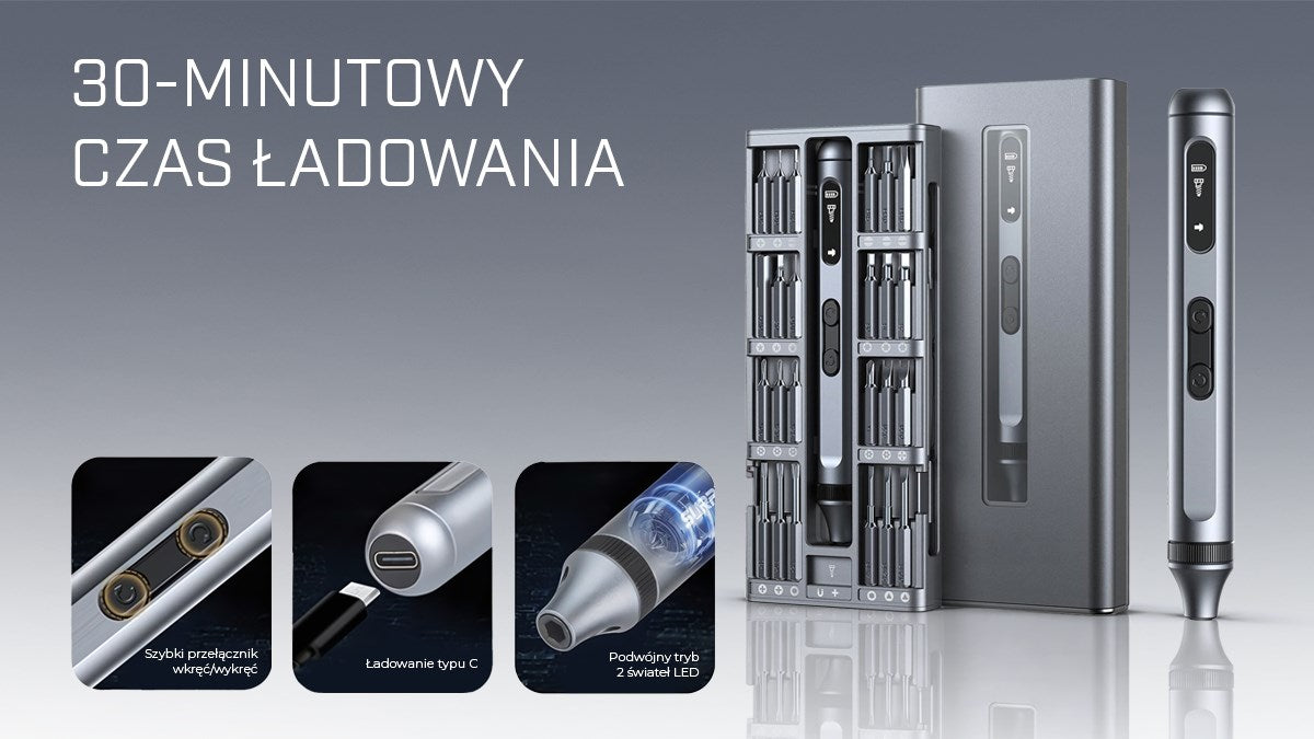 Srebrny zestaw wkrętaków elektrycznych z bitami, etui oraz zbliżeniami przycisków, portu ładowania i diody LED.