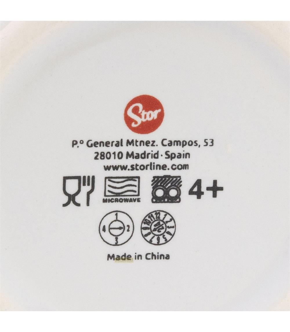 Impresión en la base de un artículo de cerámica con logotipo, dirección, símbolos y texto Made in China.