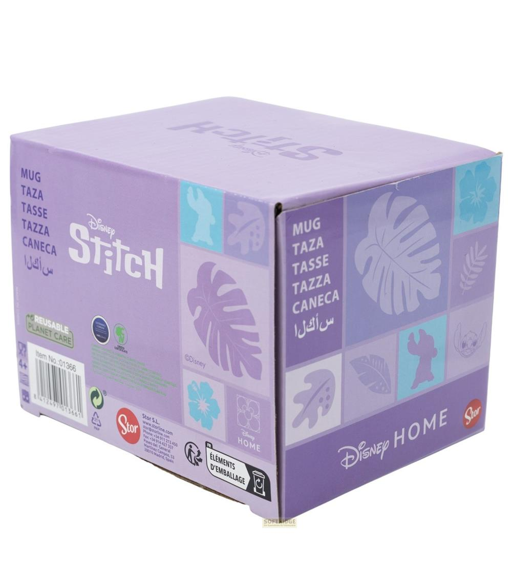 Caja de producto morada de Disney Stitch con hojas tropicales y logotipo de Disney Home.