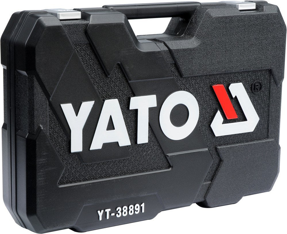 Ein schwarzer geschlossener Werkzeugkoffer mit weißem Yato-Logo und Modellnummer.