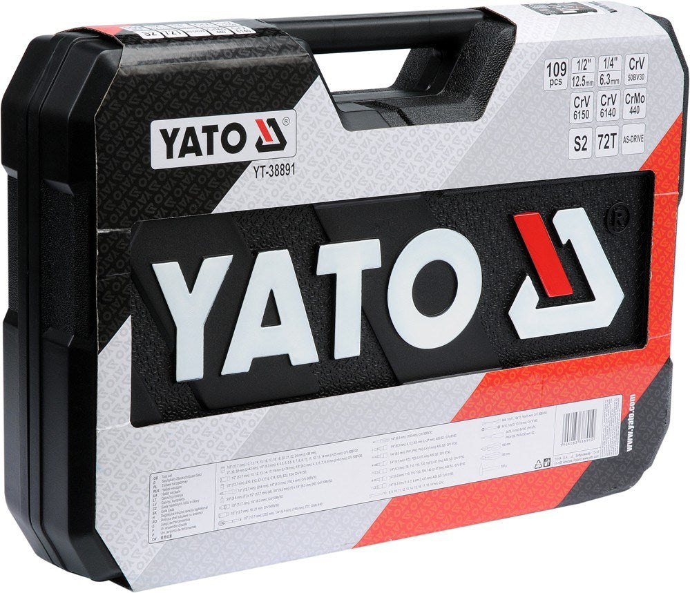 Schwarzer geschlossener Werkzeugkoffer von YATO mit rotem und weißem Markenlogo auf der Vorderseite.