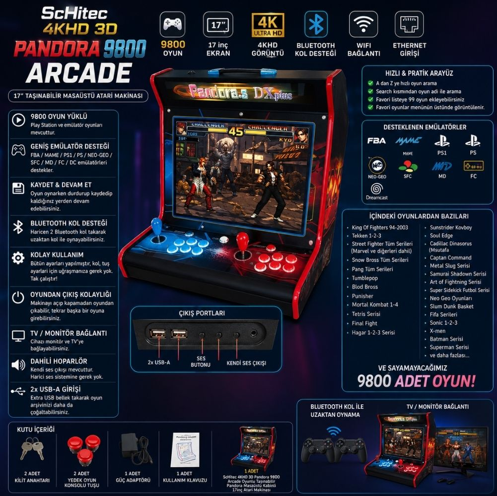 Ekran, joystick ve özelliklerin yer aldığı Pandora 9800 arcade oyun konsolunun tanıtım görseli.