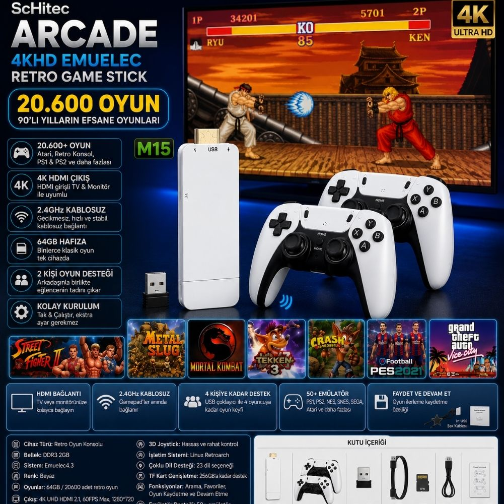Street Fighter oynanan bir TV önünde iki kontrolcüye sahip beyaz bir retro oyun çubuğu.