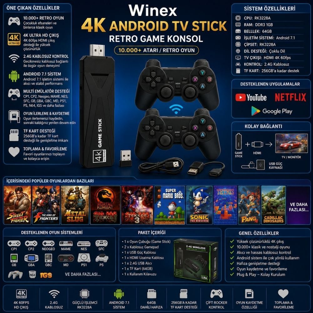İki kontrol cihazı ve özellik listesiyle birlikte Winex 4K Android TV Stick retro oyun konsolu.