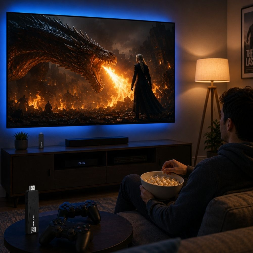 Bir adam kanepede mısır yiyerek TV'de ateş püskürten ejderha izliyor.
