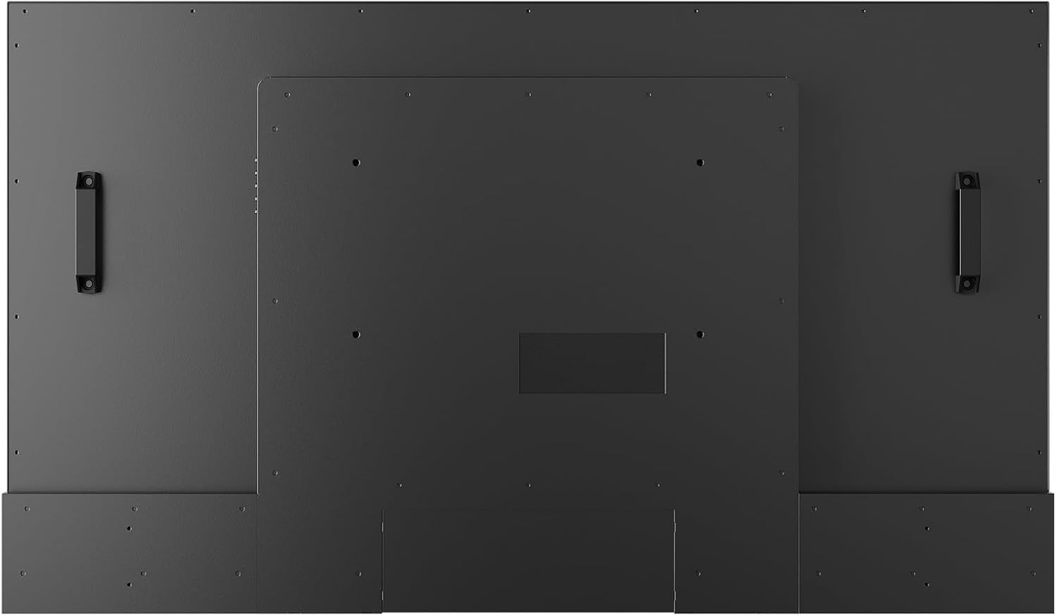 Vista trasera de un televisor negro con dos asas laterales y orificios de montaje VESA.