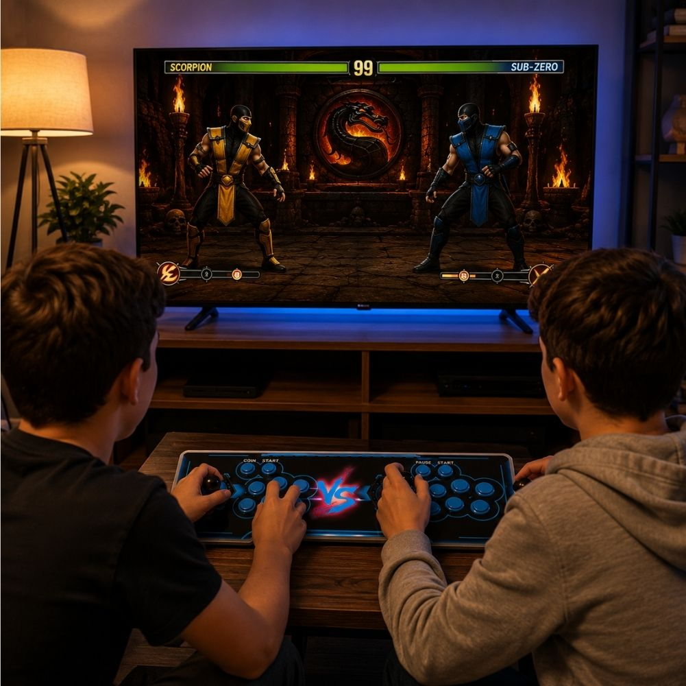 İki çocuk, atari kumandası kullanarak büyük bir TV'de dövüş oyunu oynuyor.