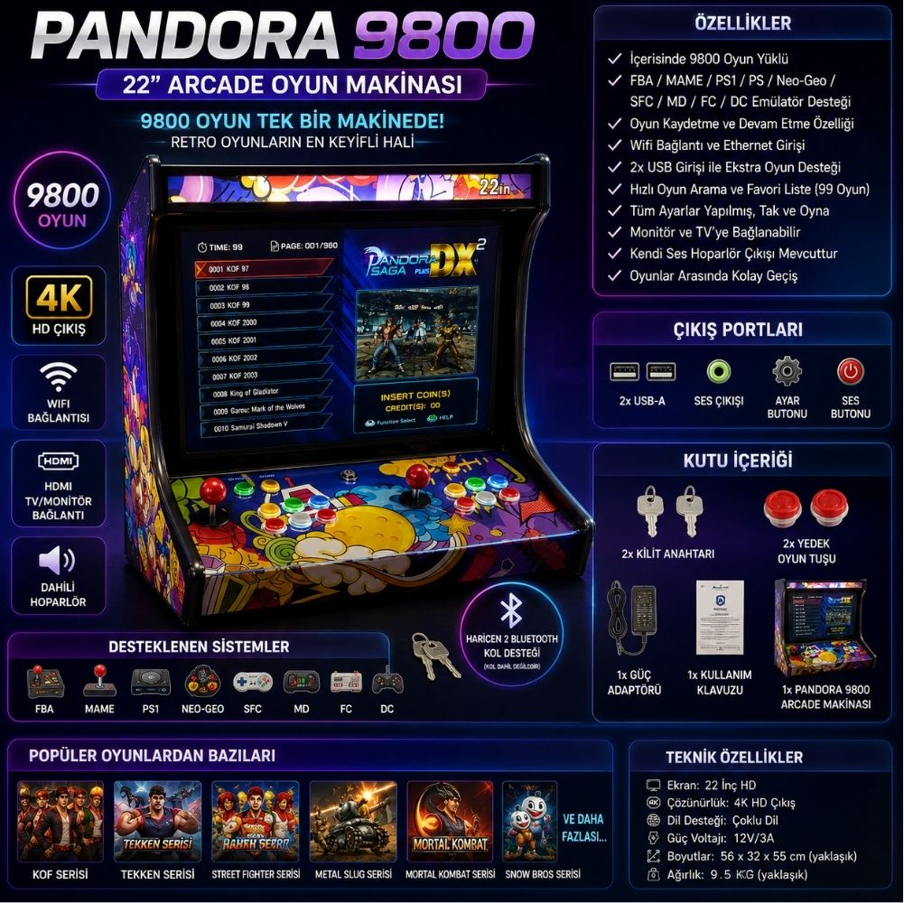 22 inç ekranlı, renkli grafikli ve aksesuarlı Pandora 9800 arcade oyun makinesi.