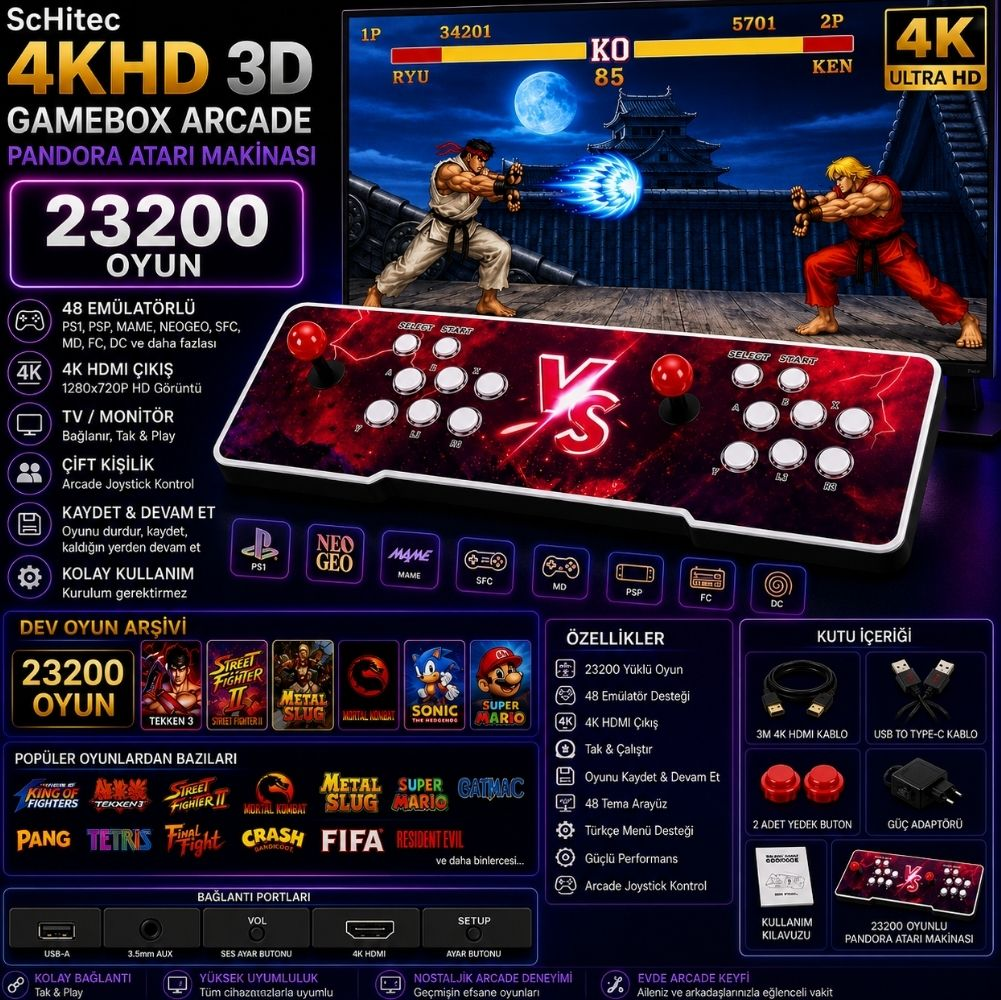 İki kişilik kontrolcüye ve klasik oyunlara sahip 4K 3D oyun konsolu arcade reklamı.