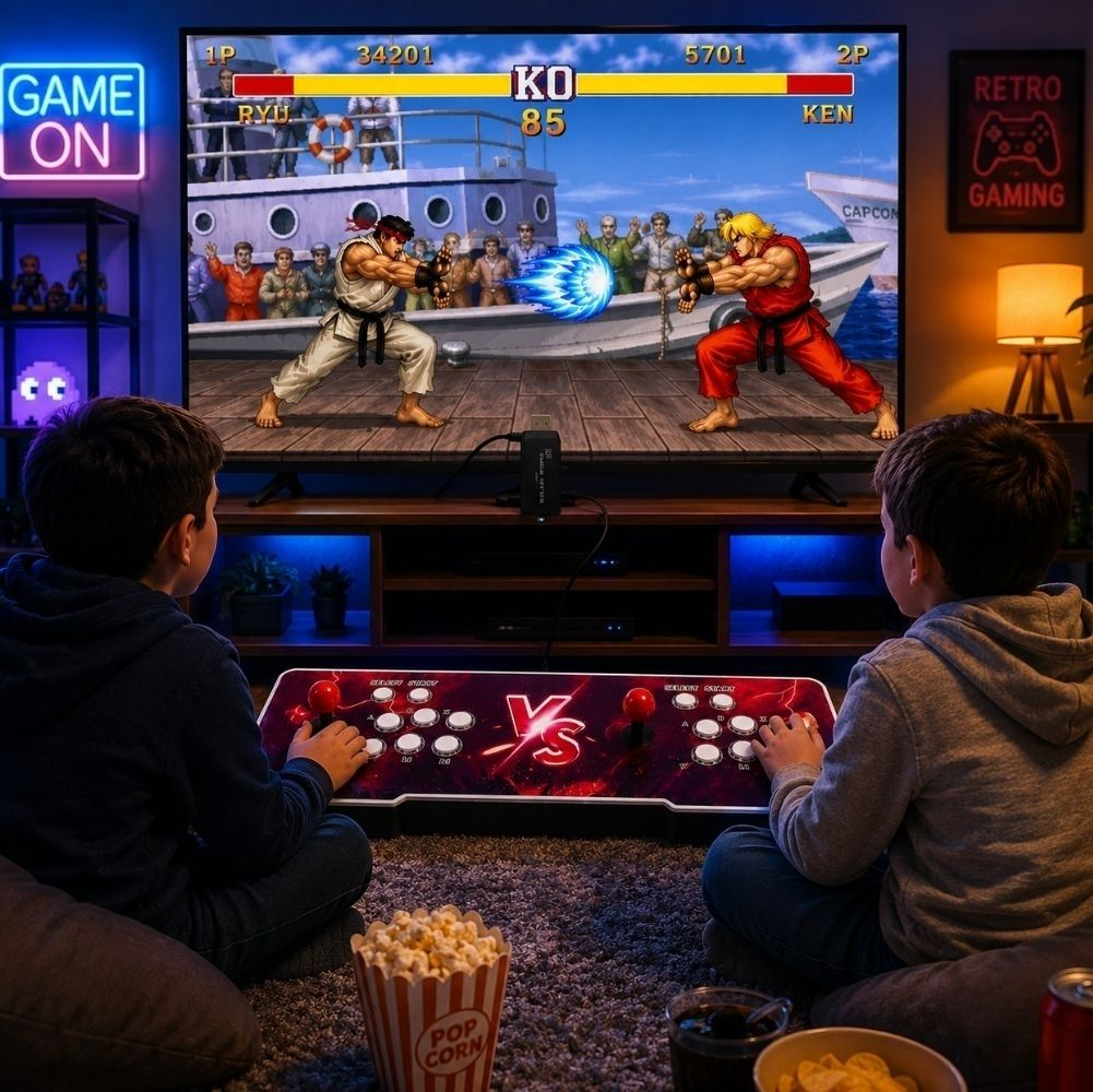 İki çocuk, bir arcade kontrolcüsüyle büyük bir TV'de dövüş oyunu oynuyor; ön planda patlamış mısır var.