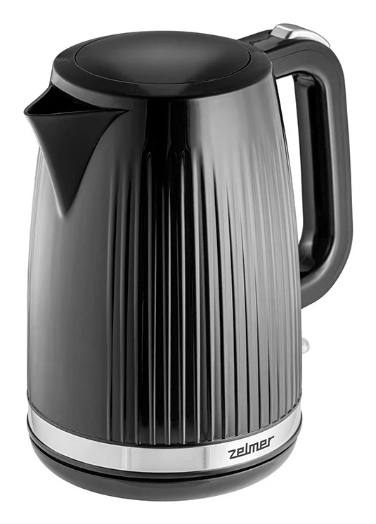 Un bollitore elettrico nero con design a costine, manico e fascia argentata con logo Zelmer.