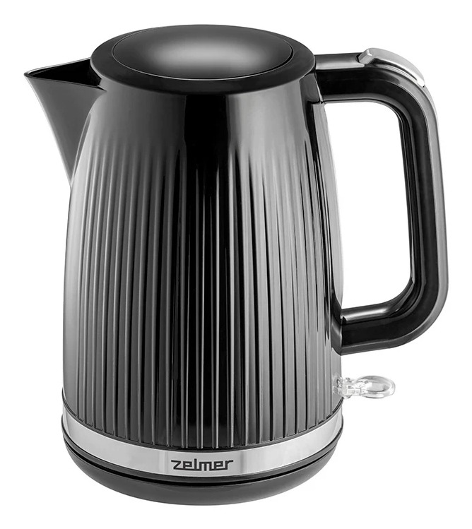 Un moderno bollitore elettrico nero con design scanalato, base argentata e logo Zelmer.