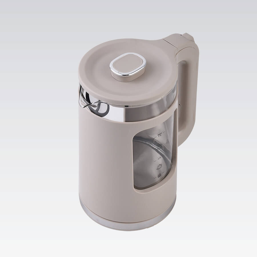 Un bollitore elettrico beige con finestra in vetro e coperchio argentato su sfondo grigio chiaro.
