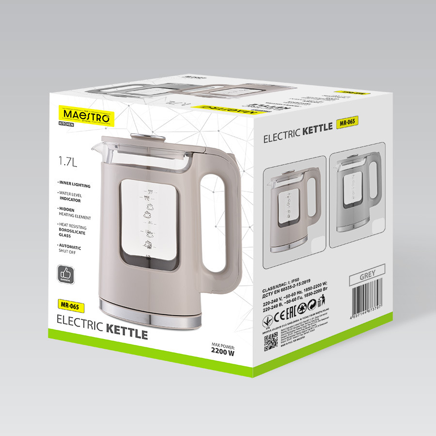 Confezione del bollitore elettrico Maestro MR-065 in grigio, con immagini del prodotto e specifiche tecniche.