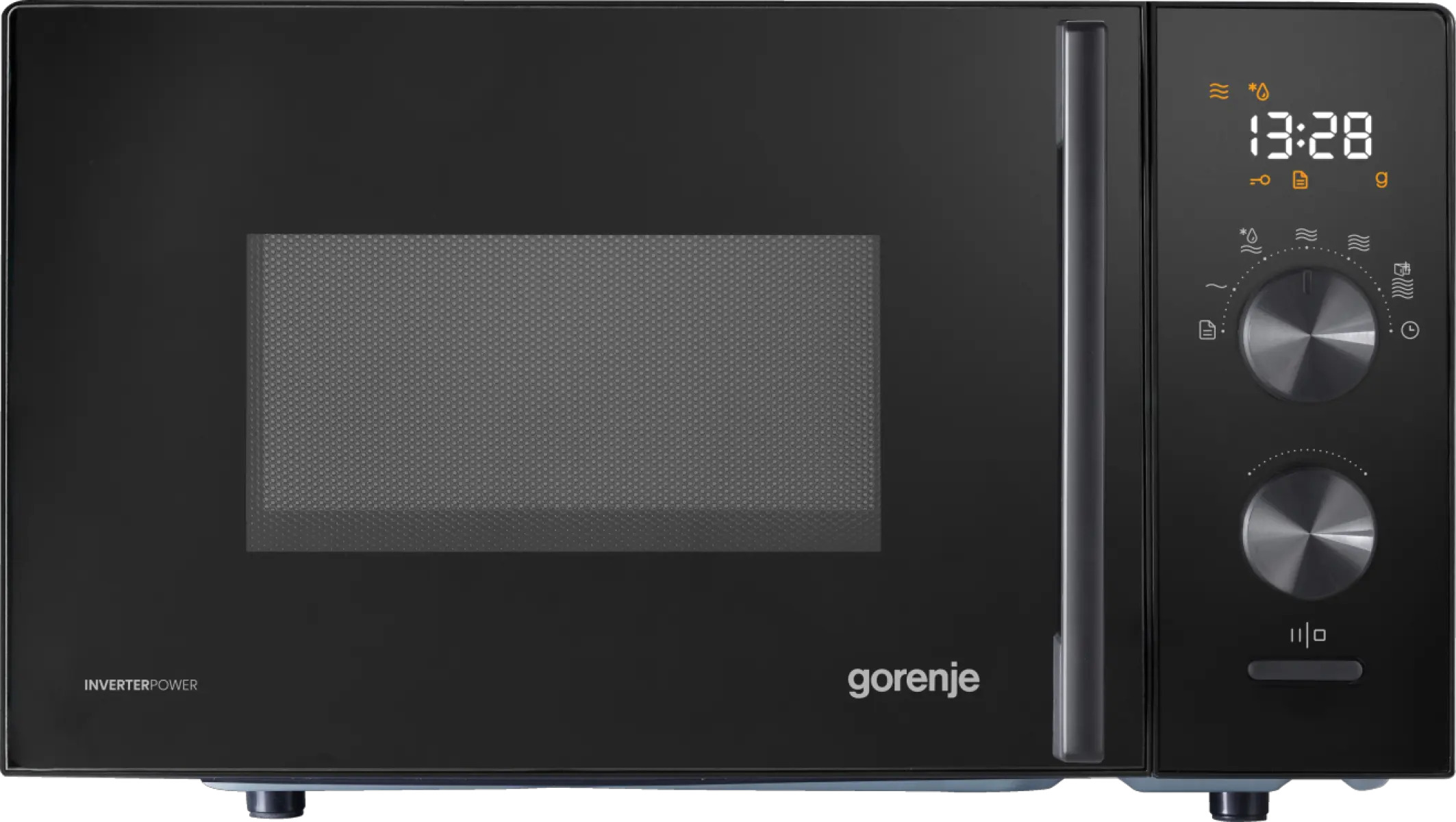 Czarna mikrofalówka Gorenje z dwoma pokrętłami i wyświetlaczem.