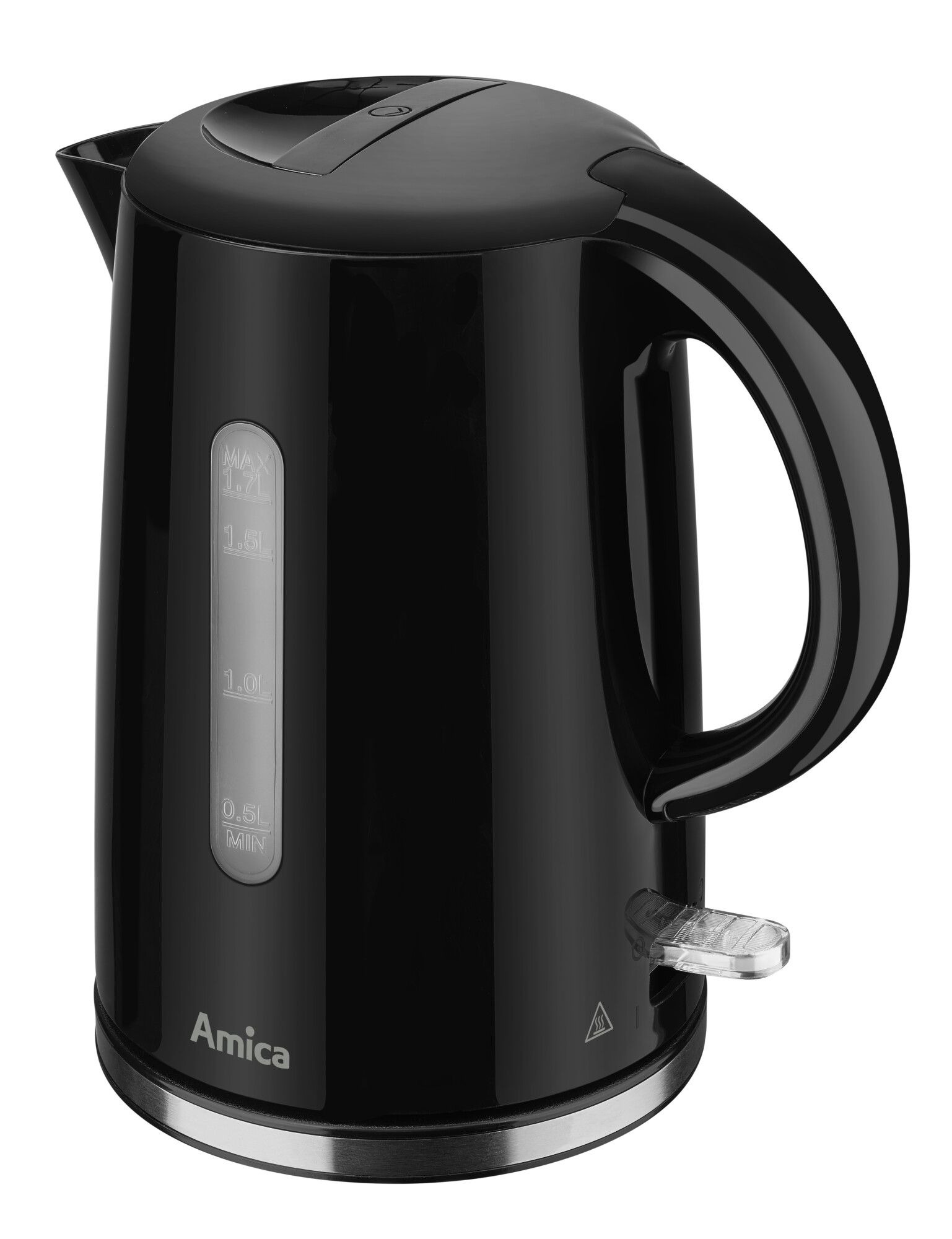 Un bollitore elettrico nero lucido Amica con indicatore del livello dell'acqua su sfondo bianco.
