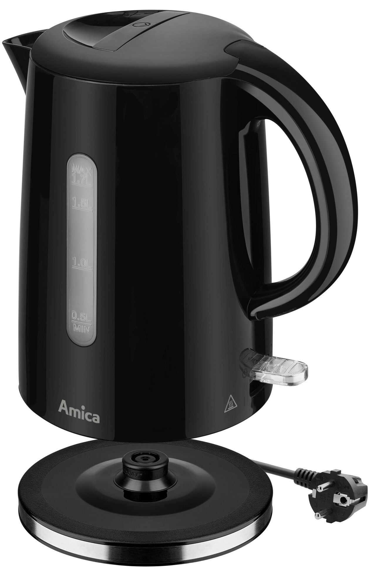 Un bollitore elettrico nero Amica con indicatore di livello d'acqua è posizionato su una base rotonda con cavo.