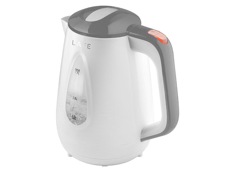Un bollitore elettrico bianco e grigio con indicatore di livello dell'acqua e pulsante arancione, su sfondo bianco.