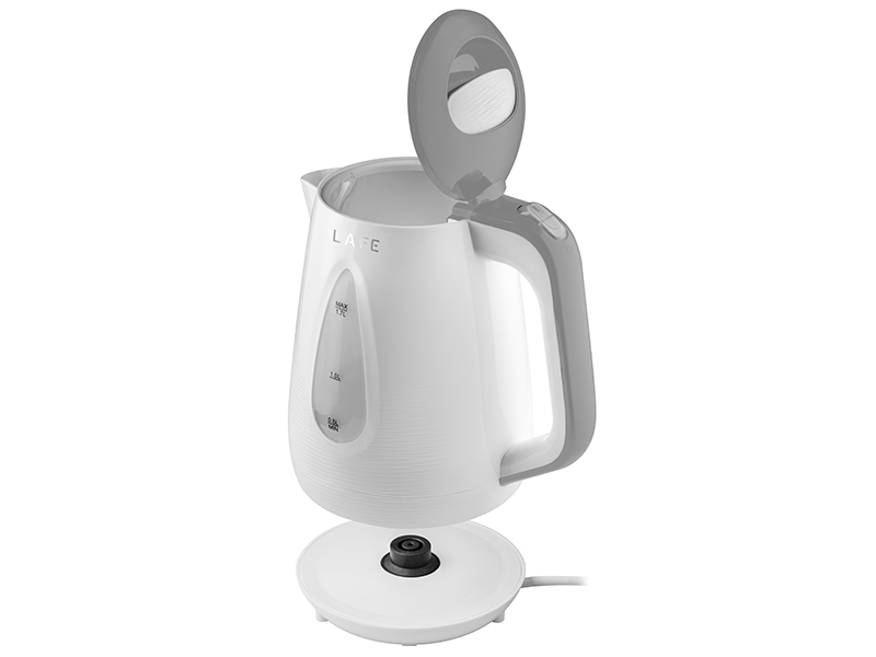Un bollitore elettrico bianco con manico grigio e coperchio aperto fluttua sopra la sua base.