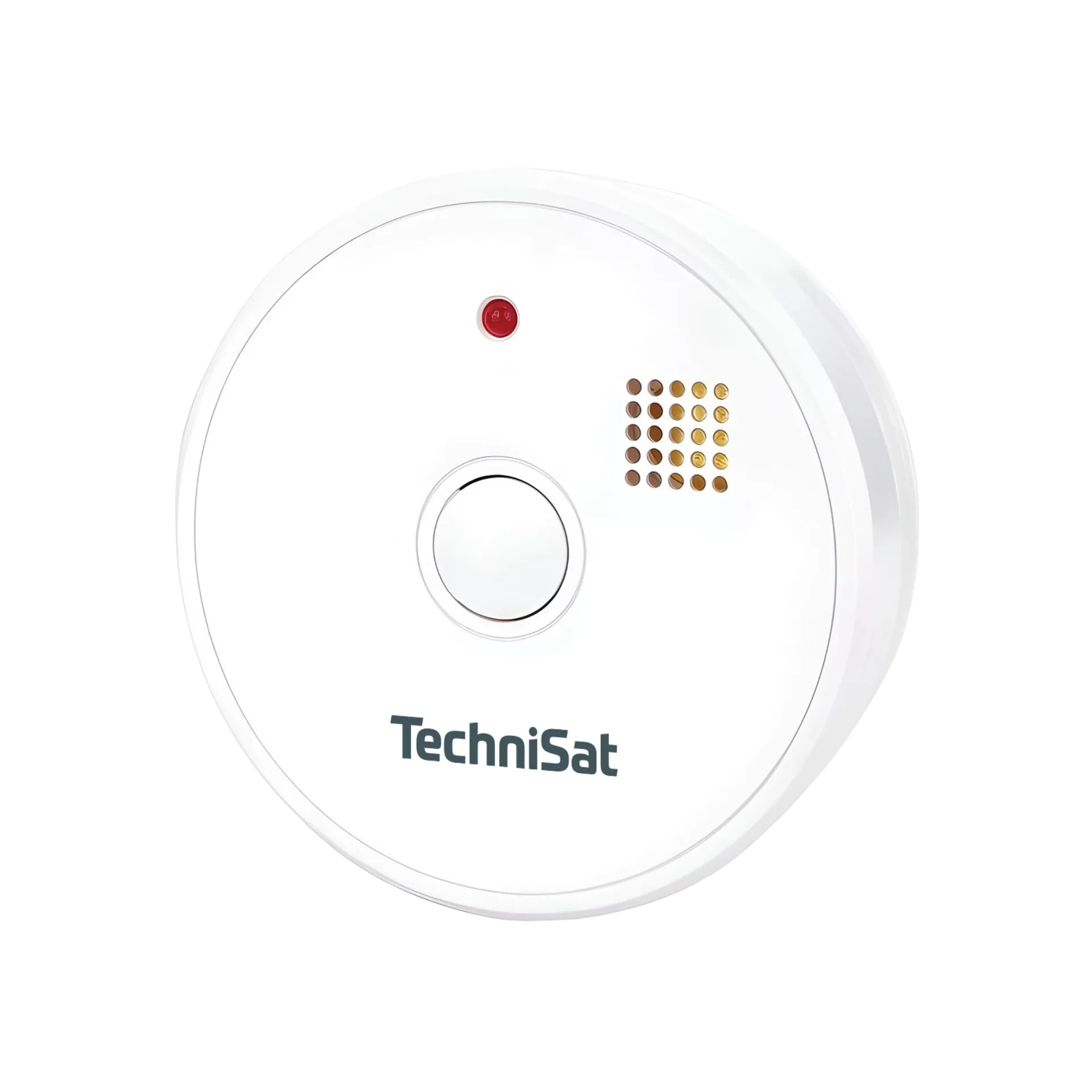 Weißer Rauchmelder von TechniSat mit Testknopf und roter LED.