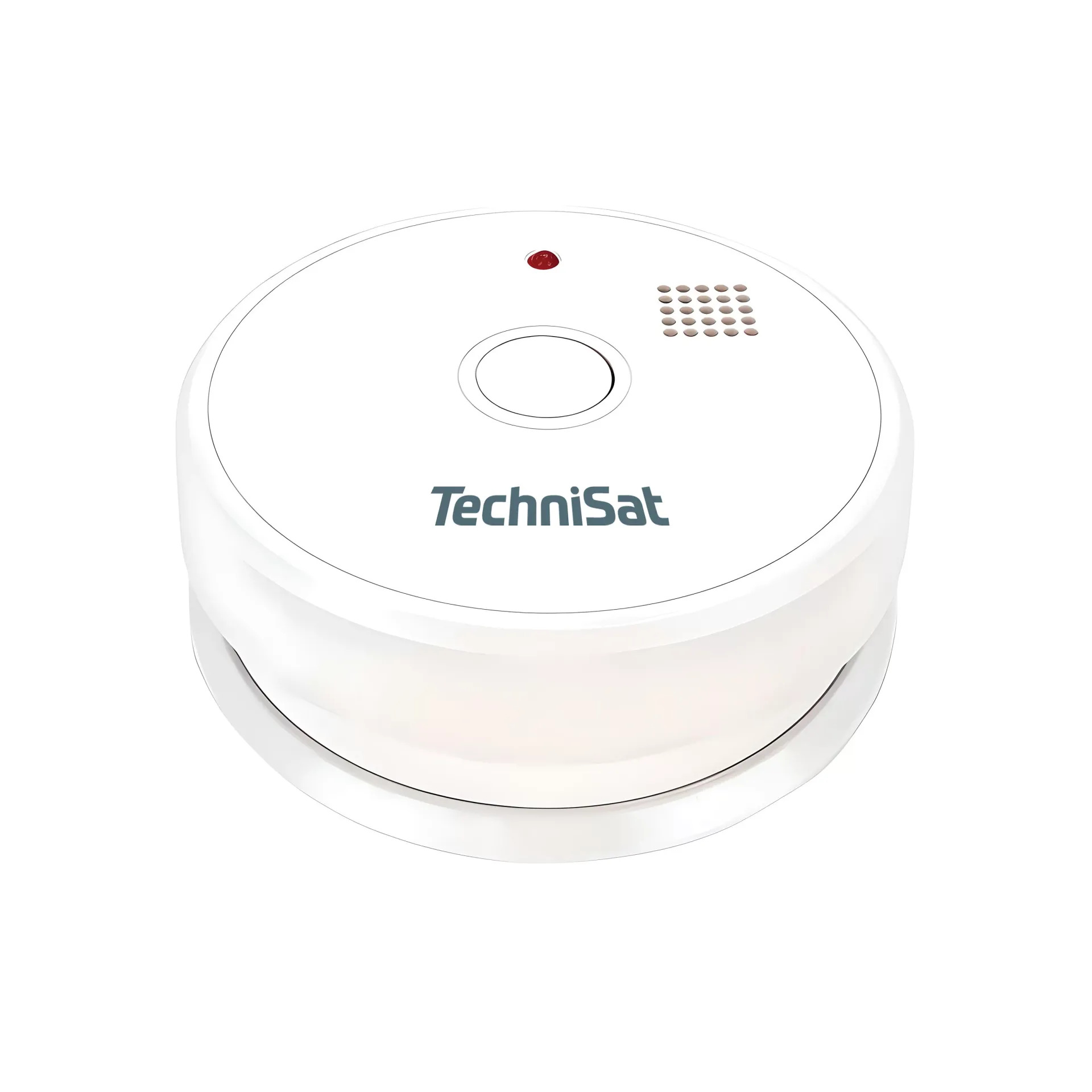 Ein weißer, runder TechniSat-Rauchmelder mit roter Leuchtanzeige und mittigem Testknopf.