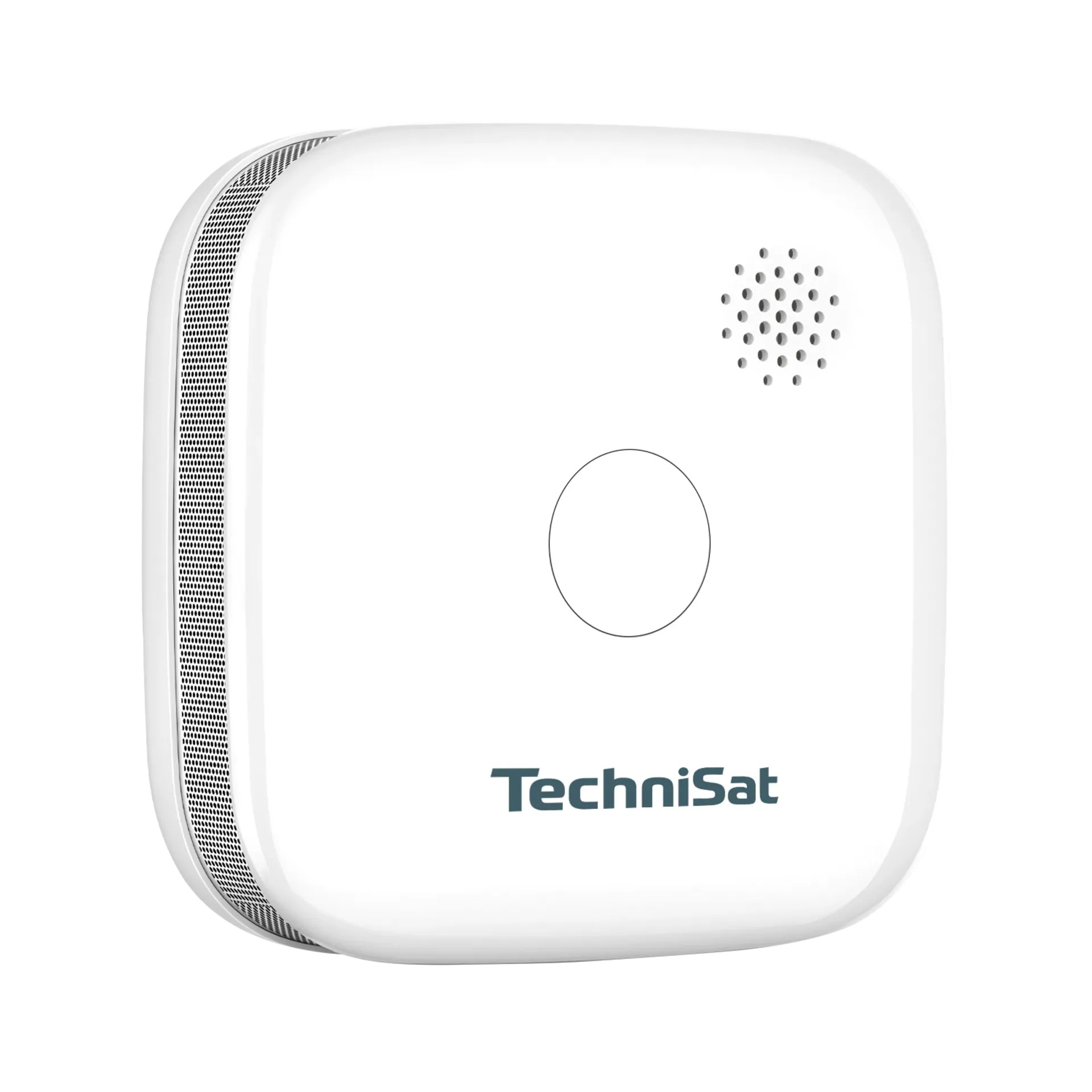 Weißes TechniSat Smart-Gerät mit abgerundeten Ecken, Lautsprecherlöchern, einem zentralen Knopf und seitlichem Lüftungsgitter.