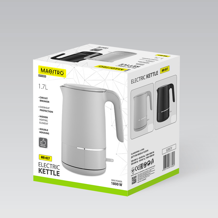Scatola di un bollitore elettrico Maestro grigio con capacità di 1,7L e potenza di 1800W.