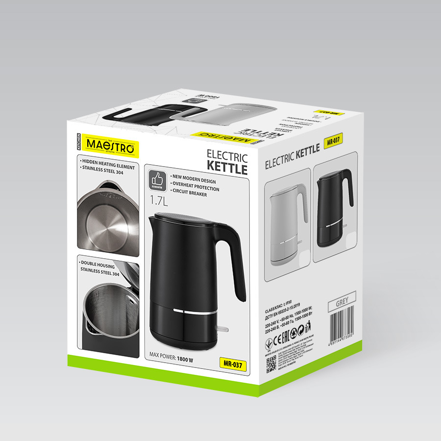 Scatola di imballaggio per bollitore elettrico Maestro, con immagini, caratteristiche e specifiche.