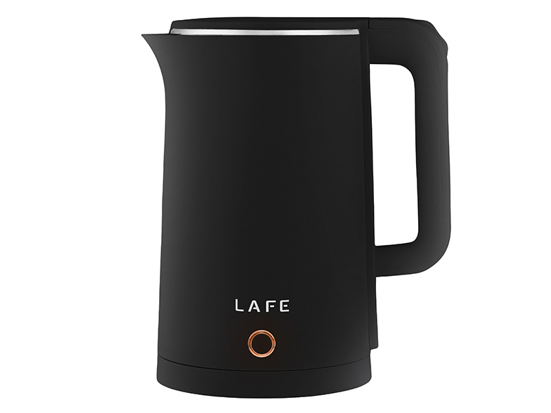 Un bollitore elettrico nero con il logo del marchio Lafe e un interruttore di accensione rotondo illuminato.